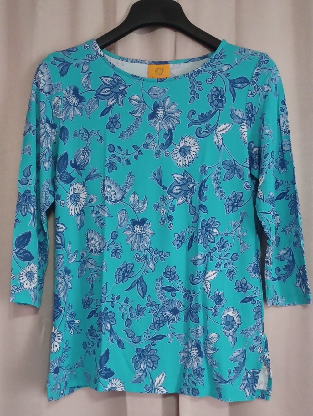 Ruby Rd. Turquoise Blie Floral Knit 3/4 Sleeve Tunic Top Lightweight Stretch S